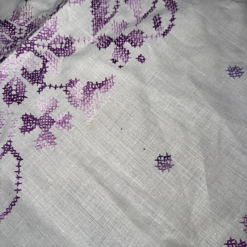 Vintage Linen Tablecloth Cross Stitch Floral Embroidery Purple 65x49